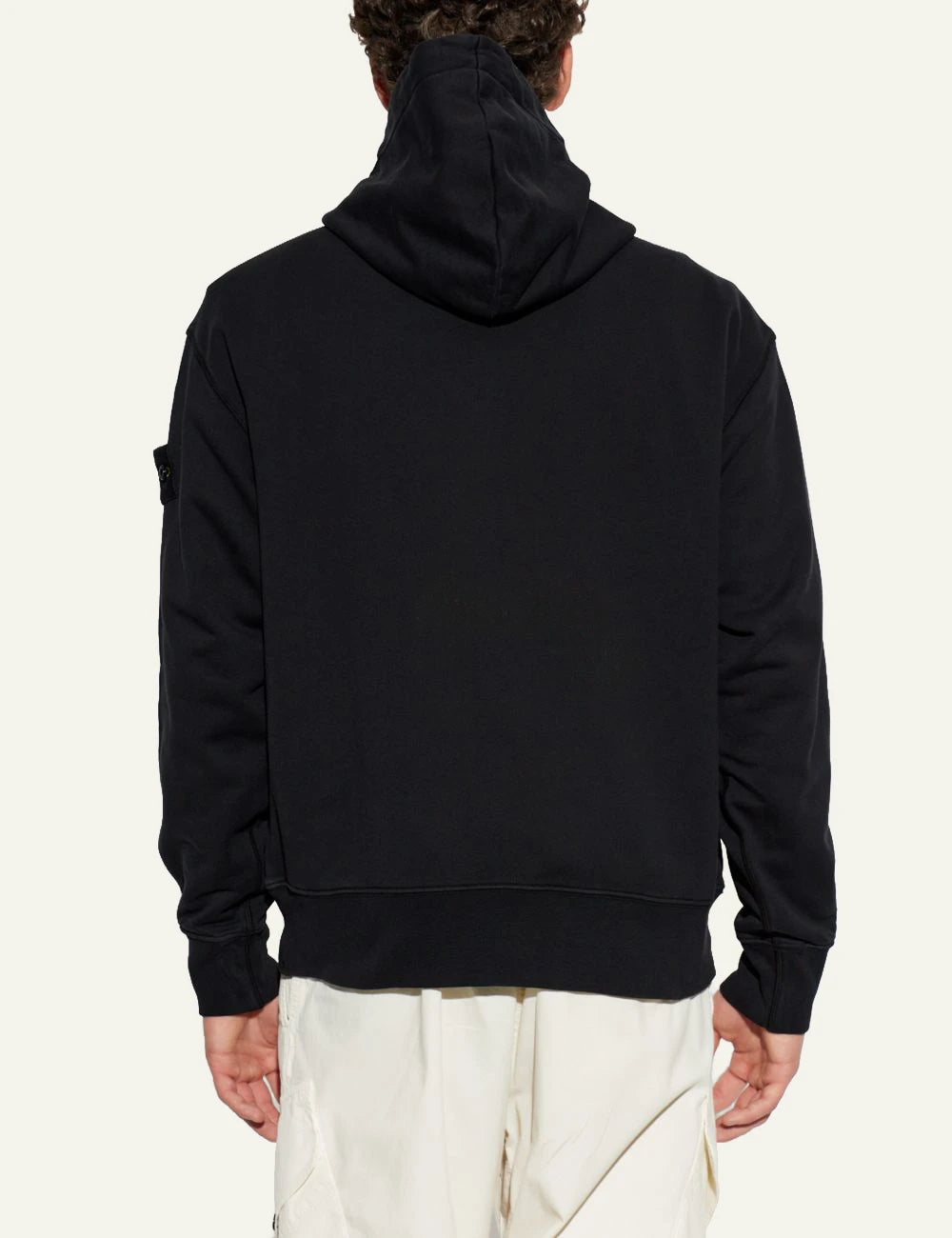 Men's Stone Island black cotton zip-up hooded sweatshirt with detachable Compass logo patch back