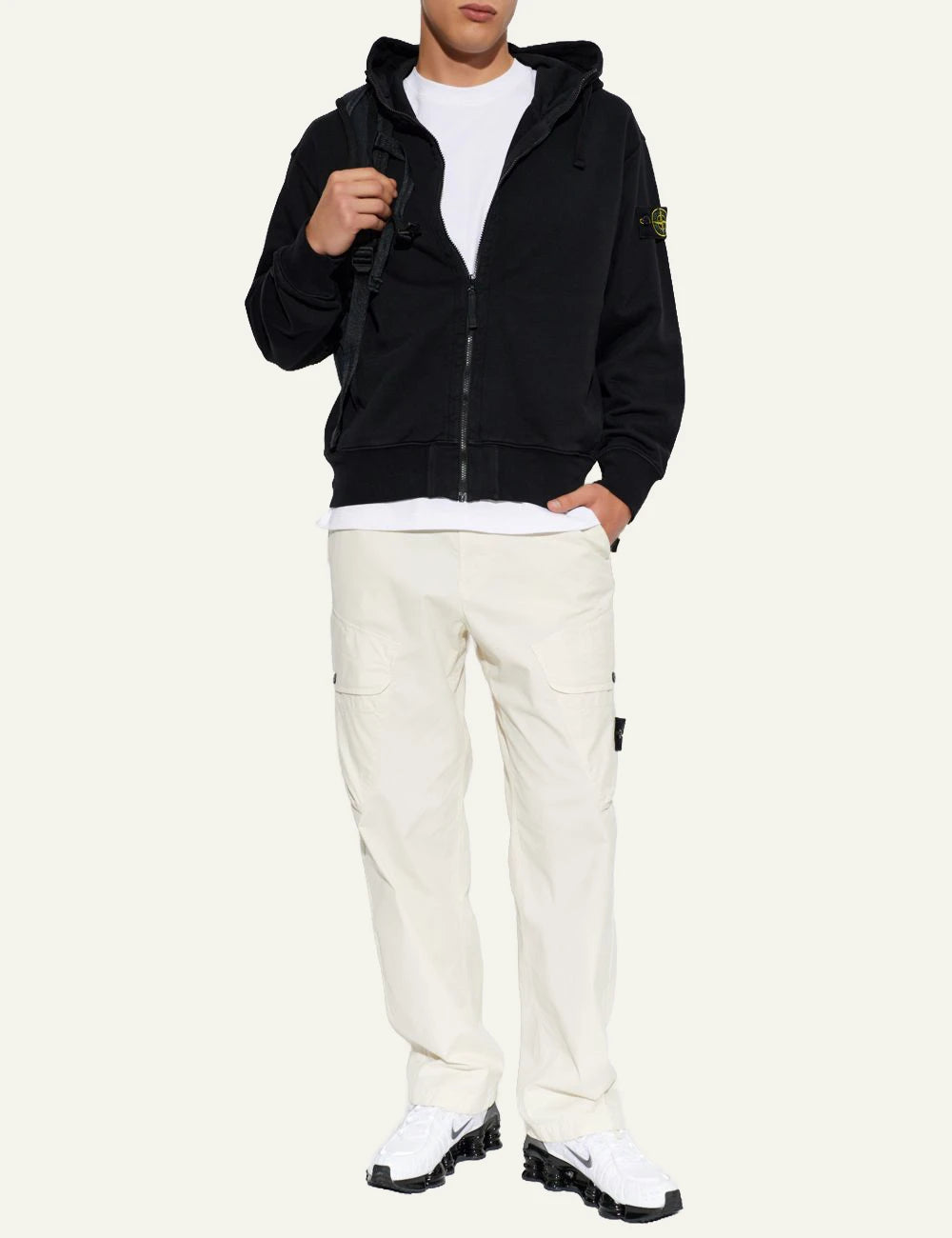 Men's Stone Island black cotton zip-up hooded sweatshirt with detachable Compass logo patch full body
