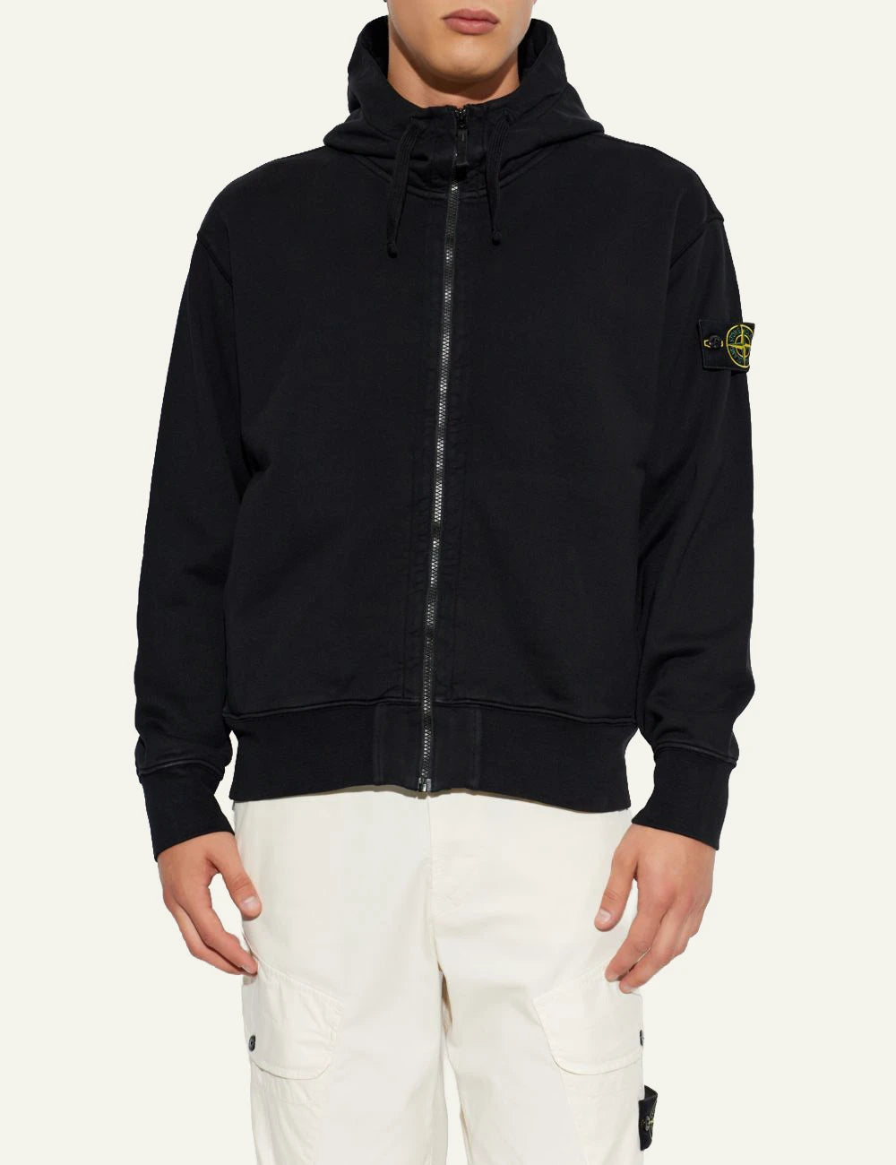 Men's Stone Island black cotton zip-up hooded sweatshirt with detachable Compass logo patch model