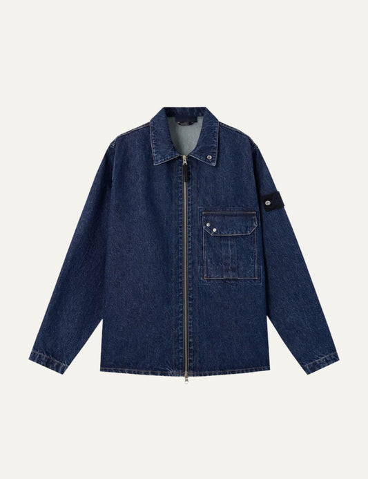 Stone Island men's dark indigo denim overshirt with faded wash, zip front, flap chest pocket and signature