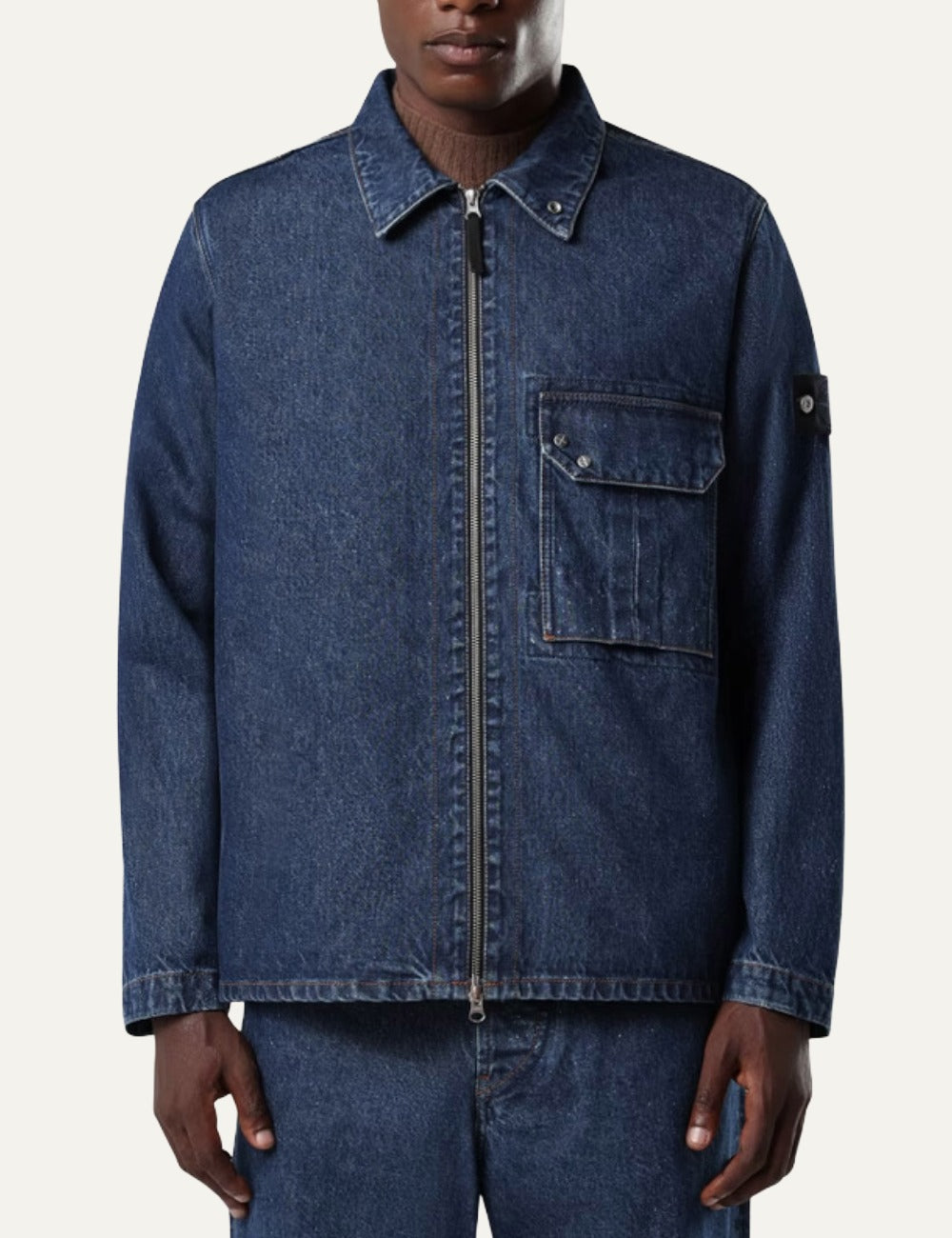Stone Island men's dark indigo denim overshirt with faded wash, zip front, flap chest pocket and signature model