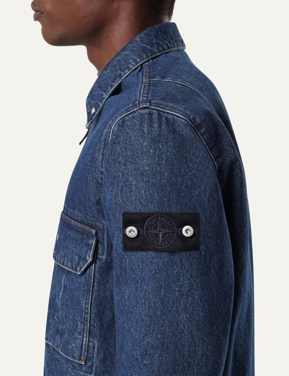 Stone Island men's dark indigo denim overshirt with faded wash, zip front, flap chest pocket and signature side deail