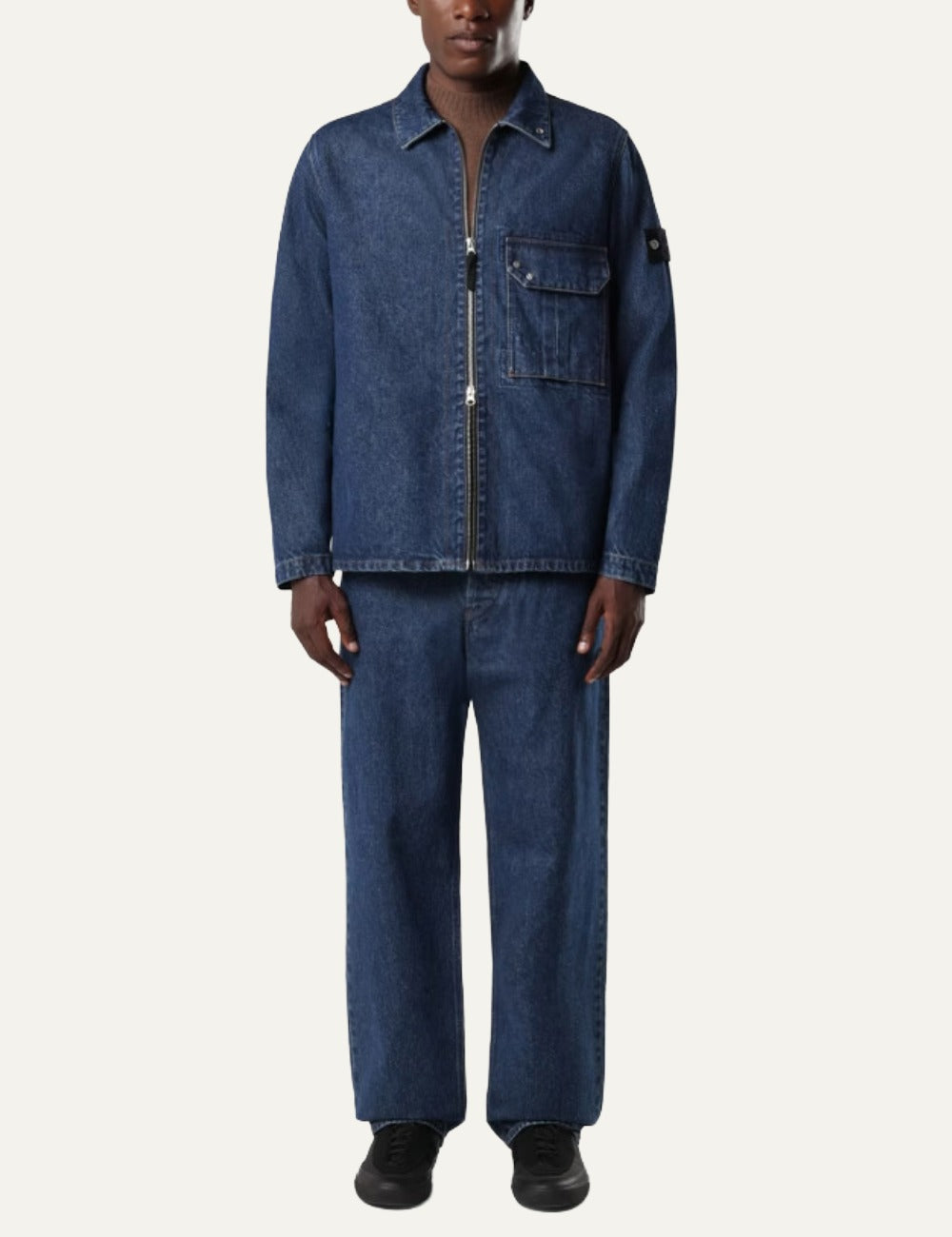 Stone Island men's dark indigo denim overshirt with faded wash, zip front, flap chest pocket and signature full boy