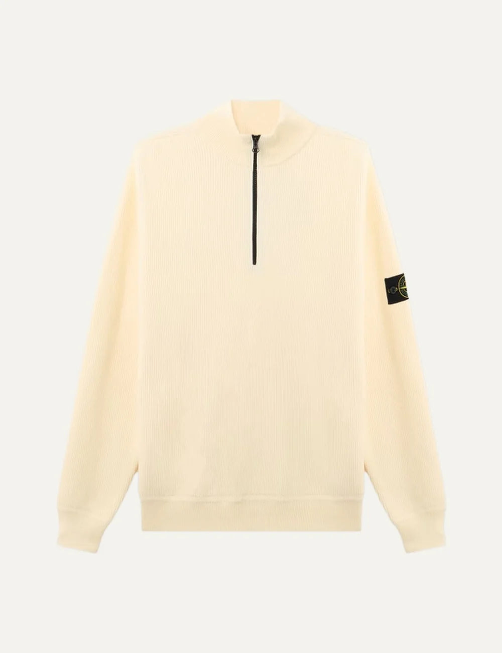 Stone Island men's ecru ribbed organic cotton half-zip jumper with stand collar, raglan sleeves and signature sleeve badge.