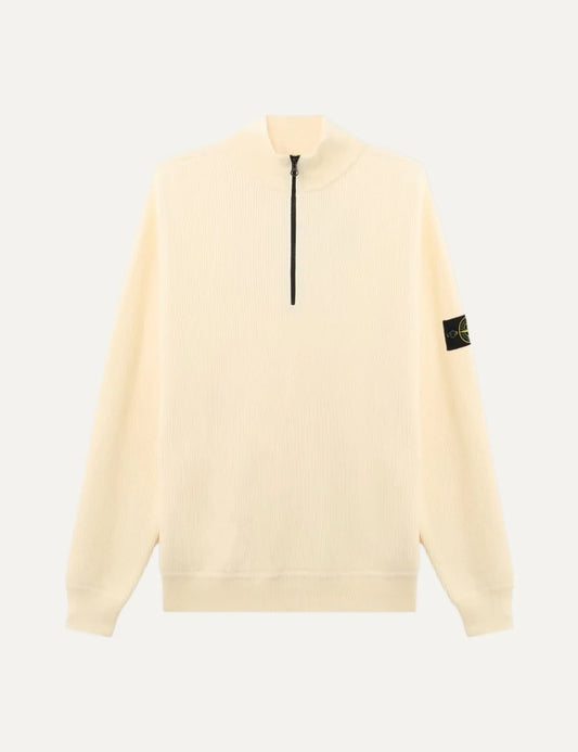 Stone Island men's ecru ribbed organic cotton half-zip jumper with stand collar, raglan sleeves and signature sleeve badge.