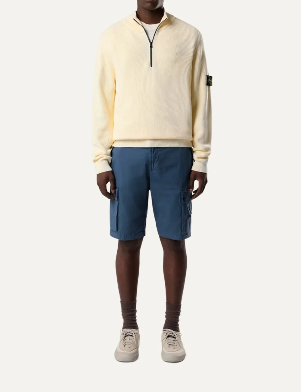 Stone Island men's ecru ribbed organic cotton half-zip jumper with stand collar, raglan sleeves and signature sleeve badge full body