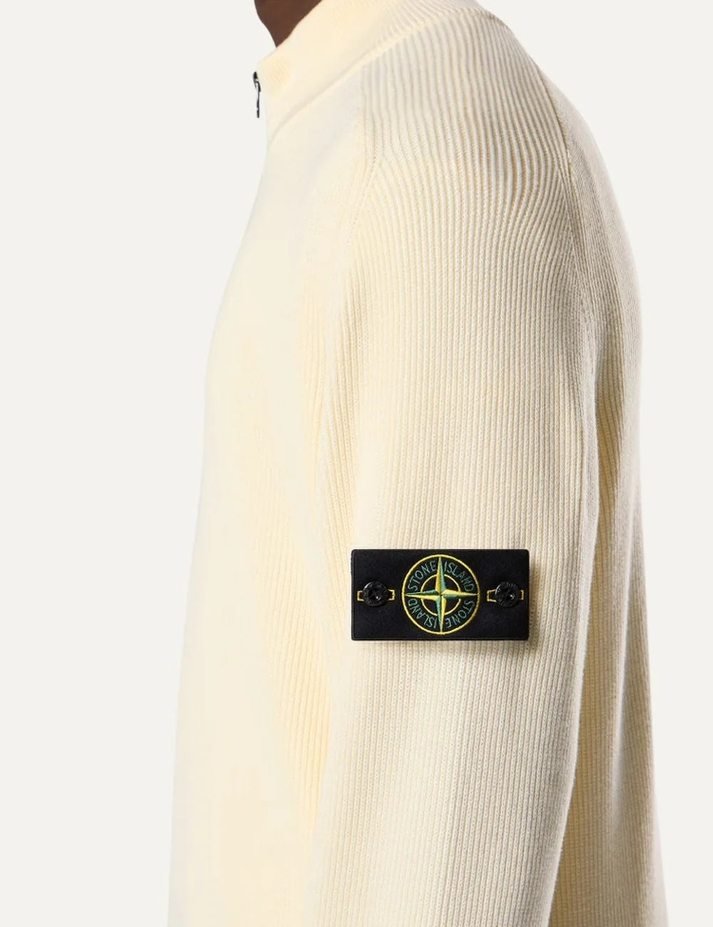 Stone Island men's ecru ribbed organic cotton half-zip jumper with stand collar, raglan sleeves and signature sleeve badge side