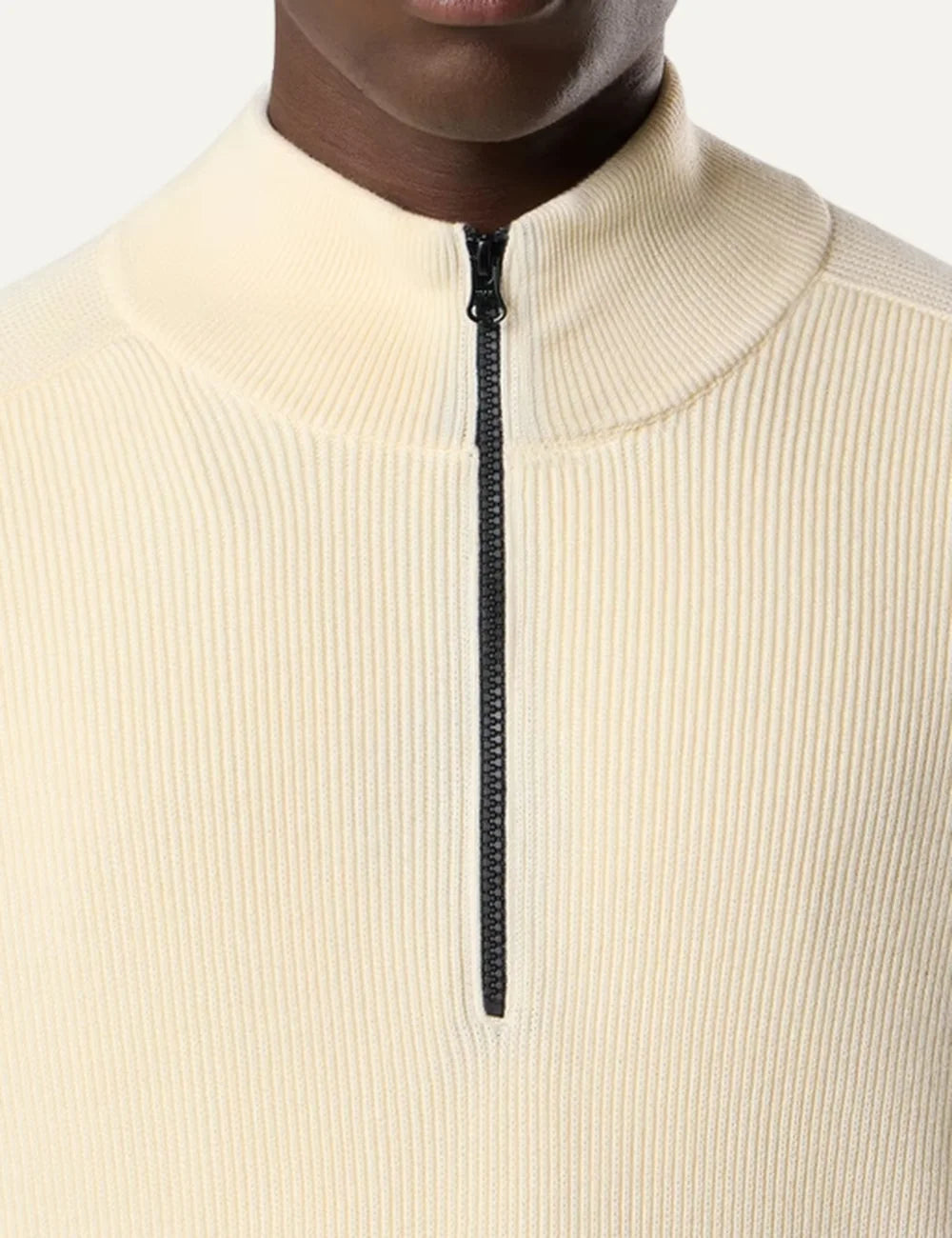 Stone Island men's ecru ribbed organic cotton half-zip jumper with stand collar, raglan sleeves and signature sleeve badge detail
