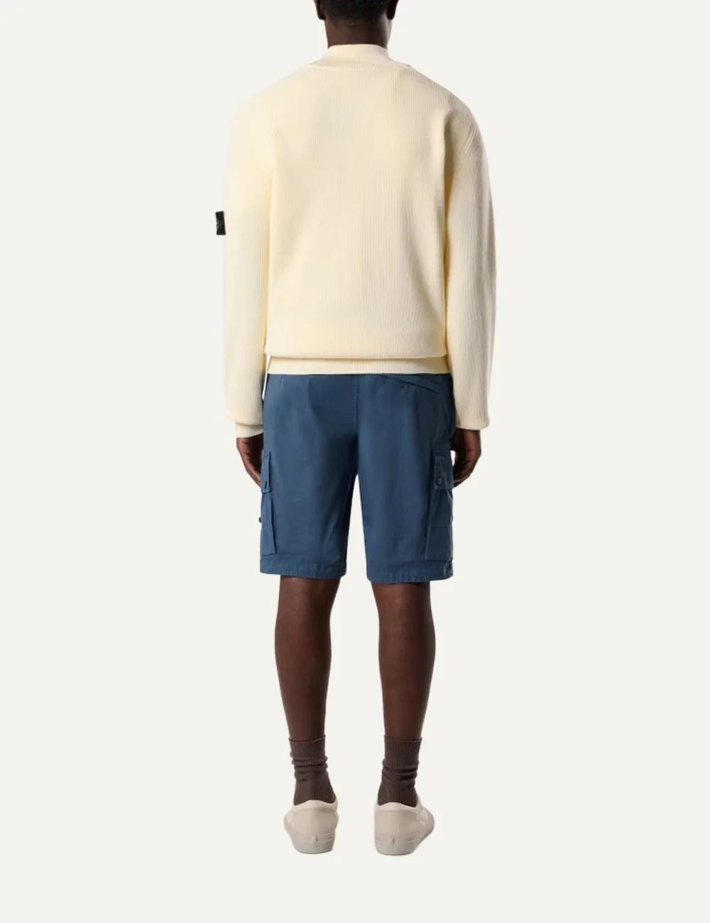 Stone Island men's ecru ribbed organic cotton half-zip jumper with stand collar, raglan sleeves and signature sleeve badge back
