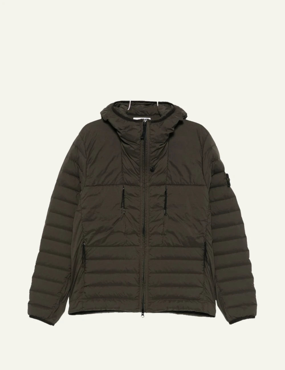 Men's Stone Island dark khaki hooded puffer jacket with quilted design and Compass logo patch