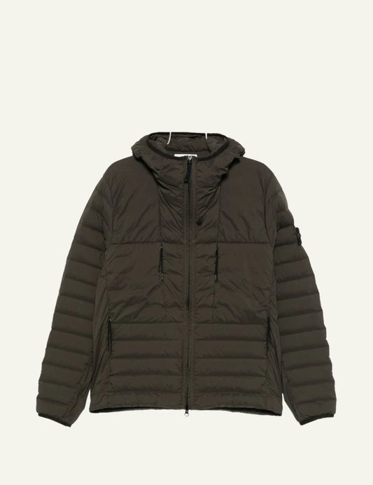 Men's Stone Island dark khaki hooded puffer jacket with quilted design and Compass logo patch