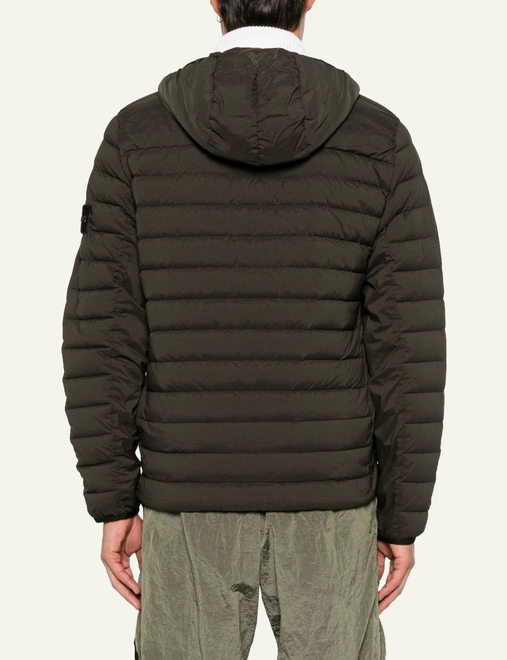 Men's Stone Island dark khaki hooded puffer jacket with quilted design and Compass logo patch back