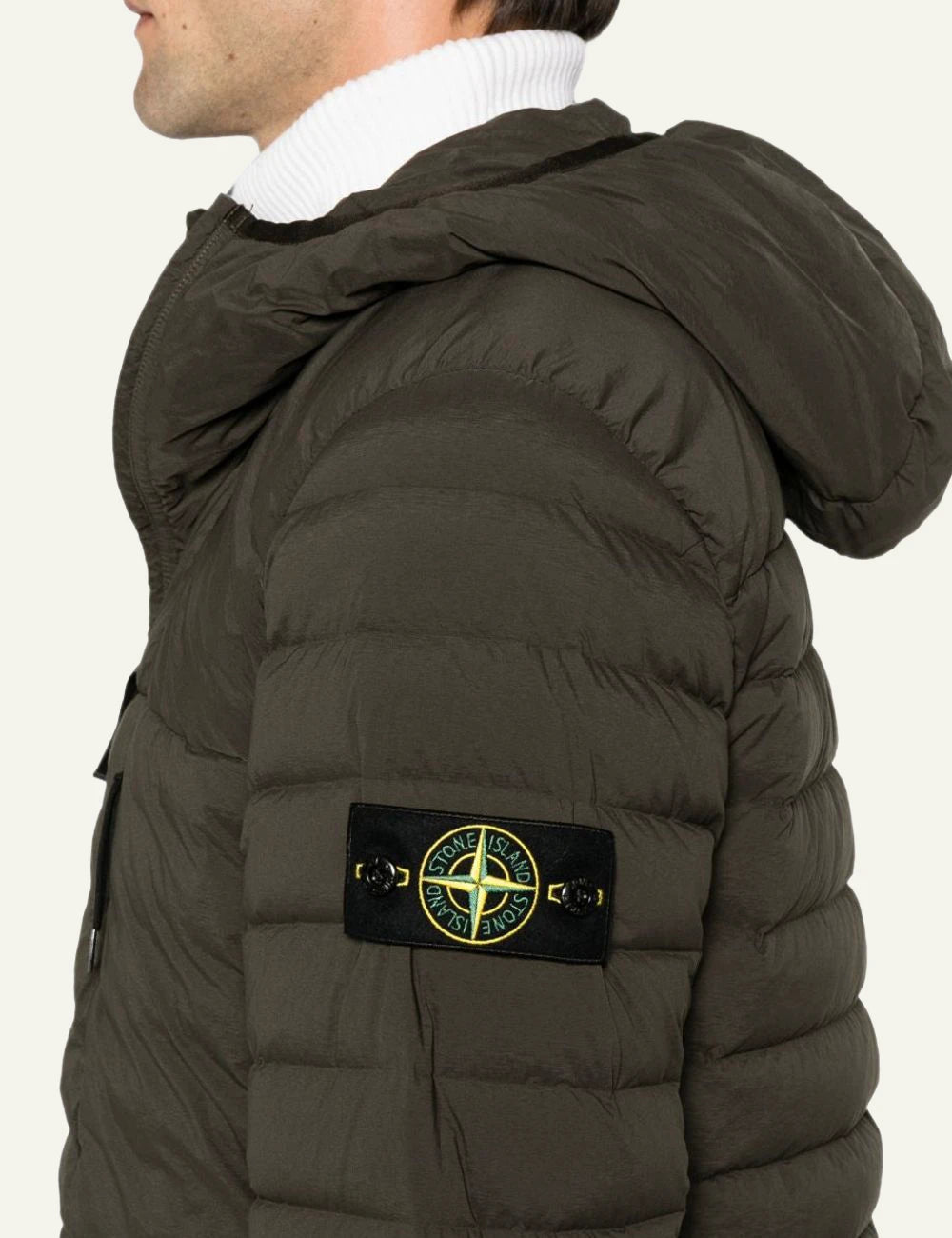 Men's Stone Island dark khaki hooded puffer jacket with quilted design and Compass logo patch detail