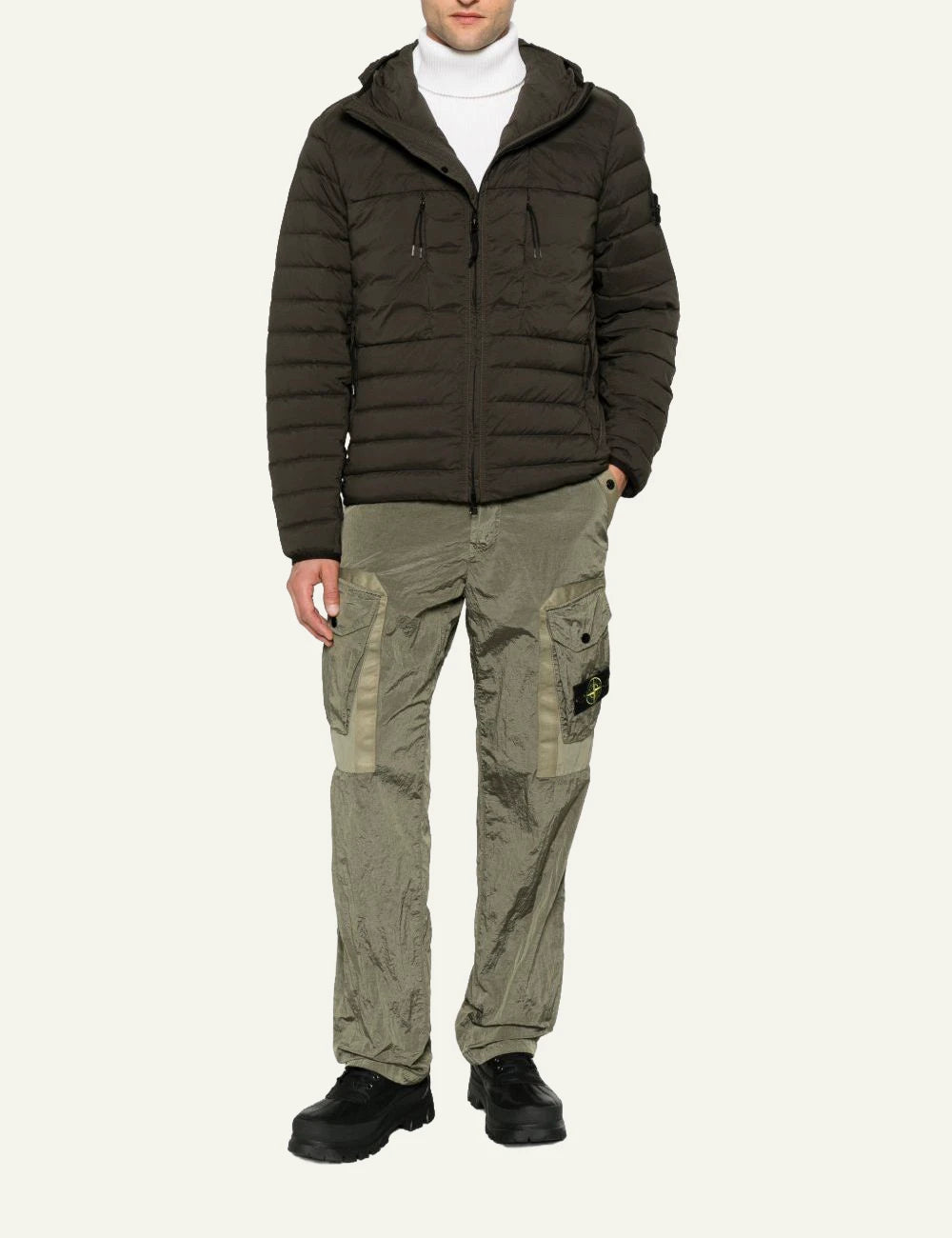 Men's Stone Island dark khaki hooded puffer jacket with quilted design and Compass logo patch full body