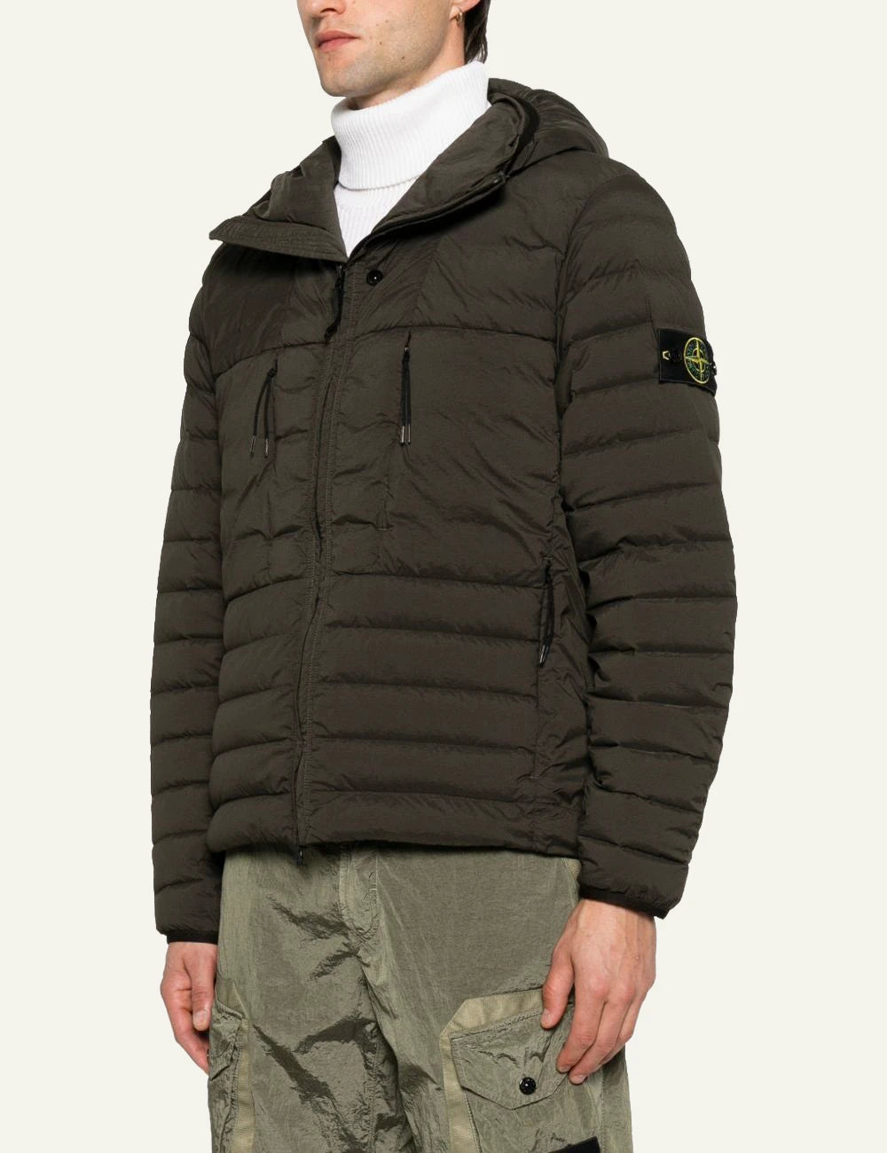 Men's Stone Island dark khaki hooded puffer jacket with quilted design and Compass logo patch side