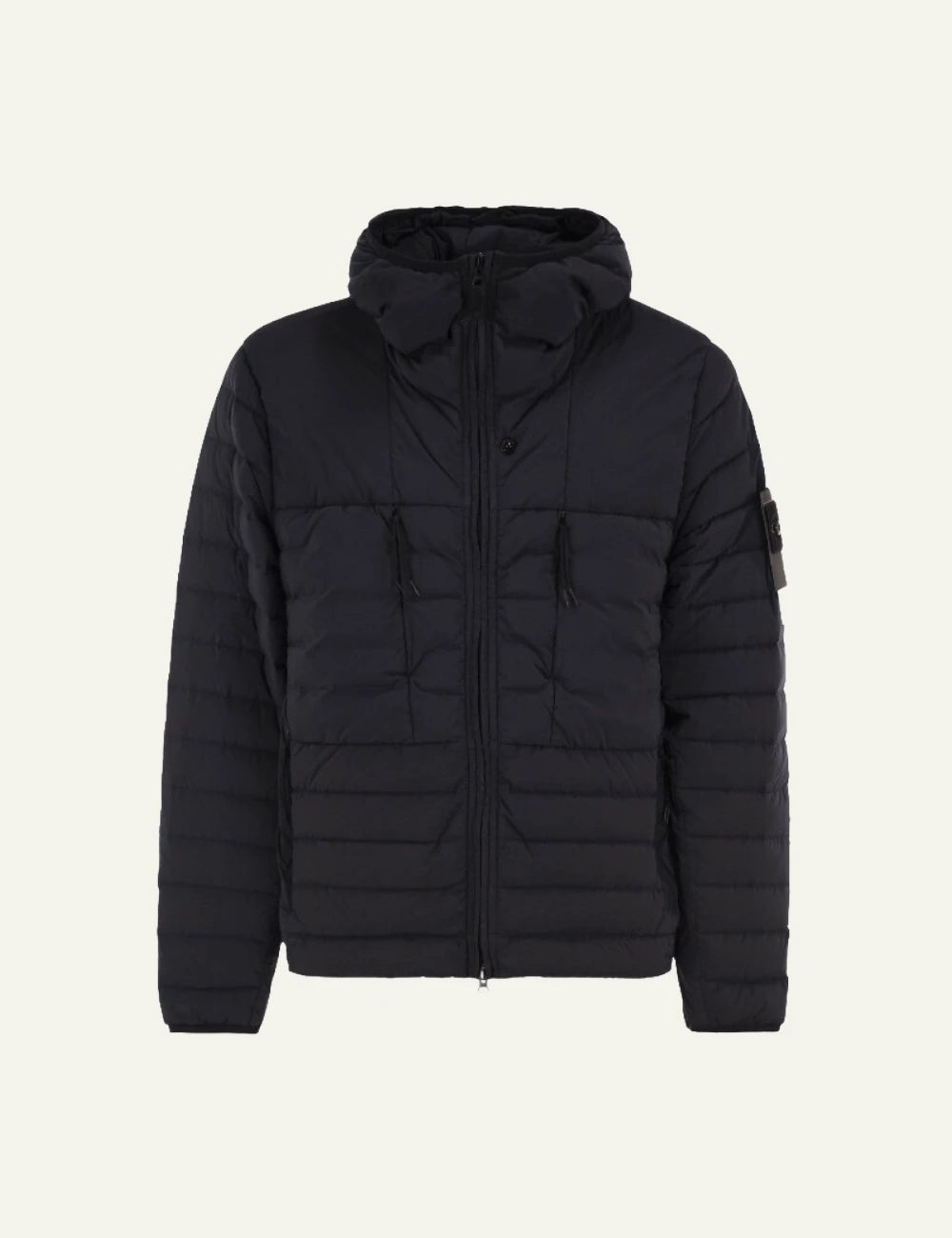 Men's Stone Island black stretch hooded down jacket with Compass logo patch