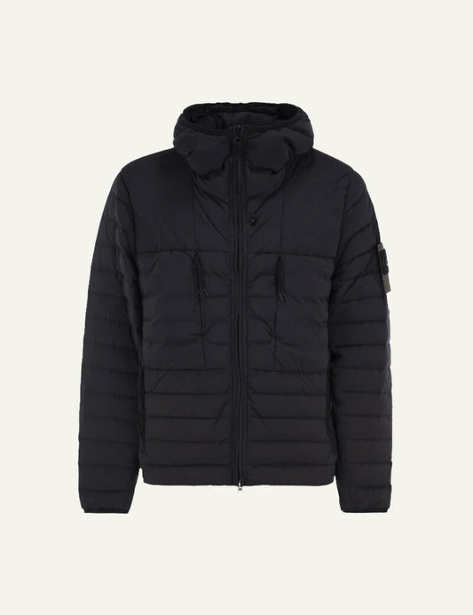 Men's Stone Island black stretch hooded down jacket with Compass logo patch