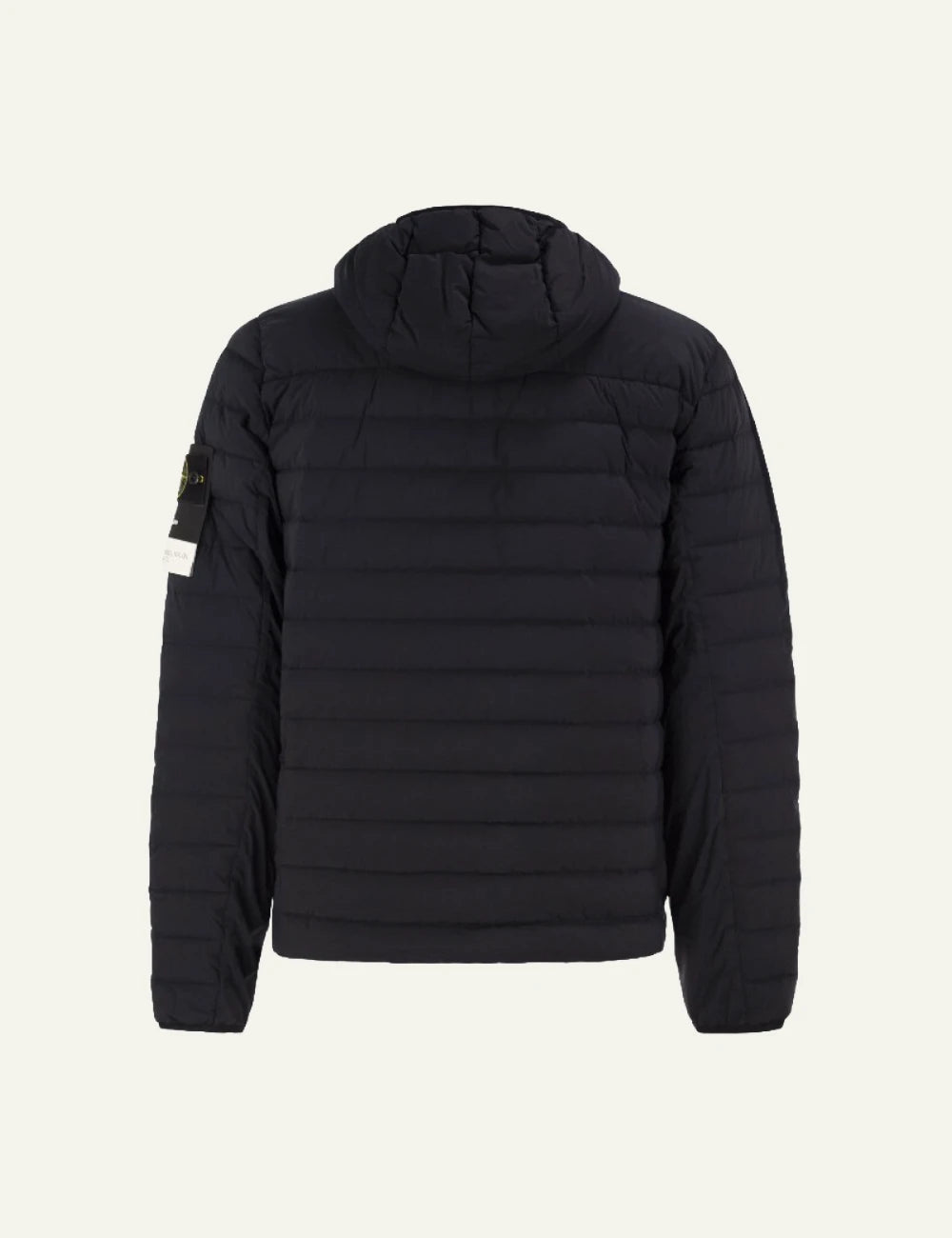 Men's Stone Island black stretch hooded down jacket with Compass logo patch back