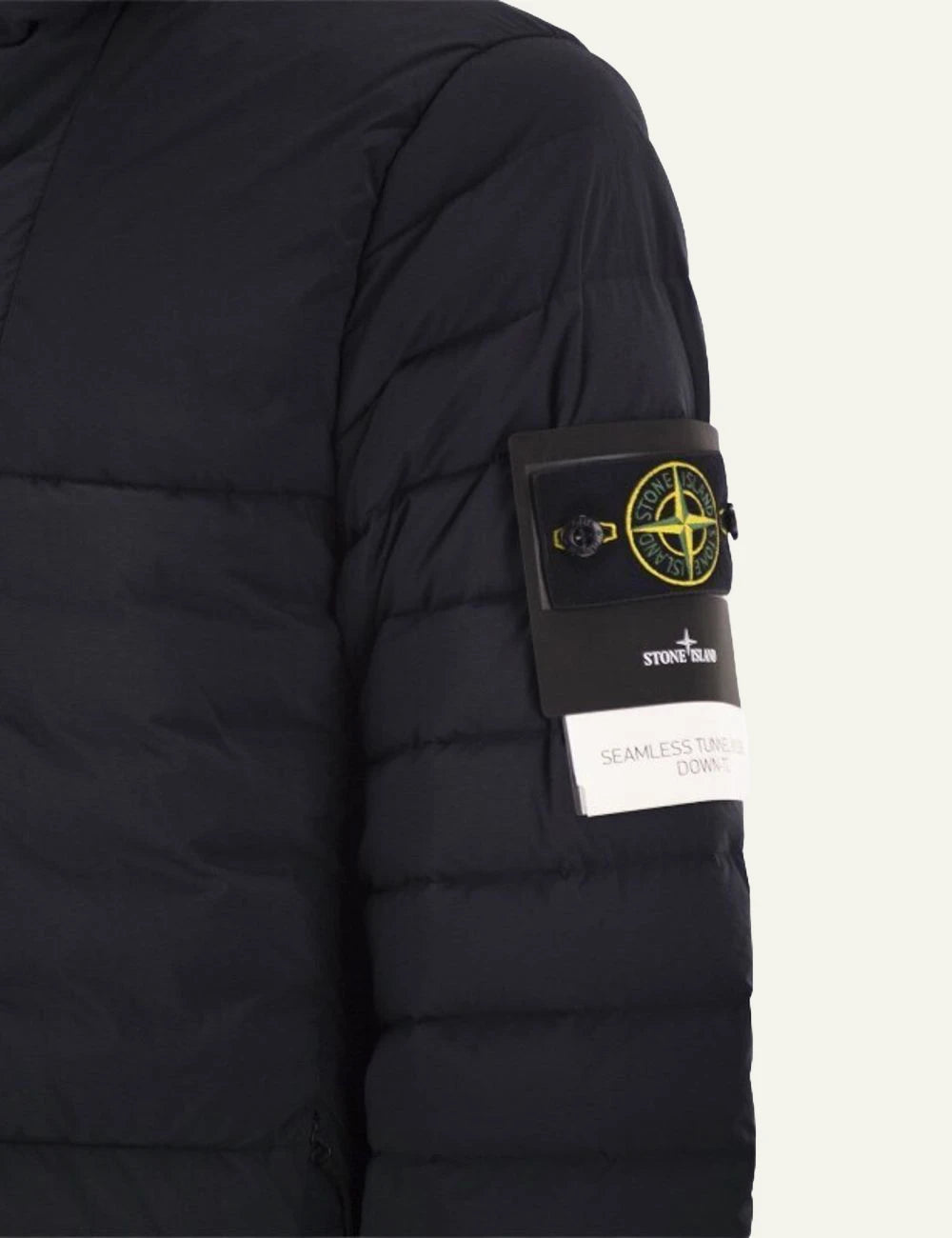 Men's Stone Island black stretch hooded down jacket with Compass logo patch detail