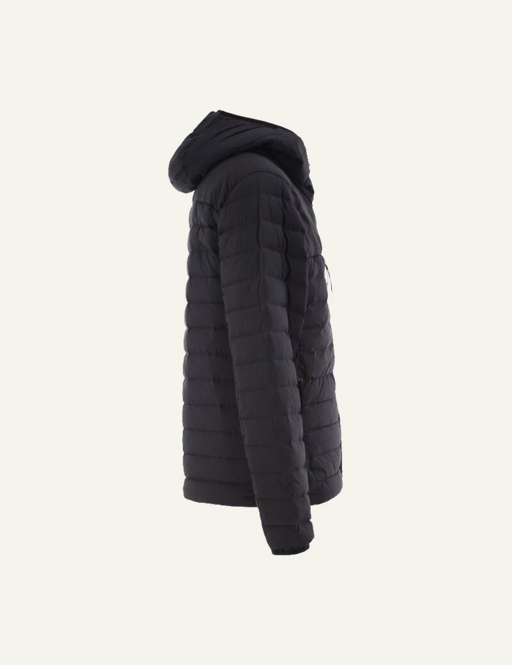 Men's Stone Island black stretch hooded down jacket with Compass logo patch side