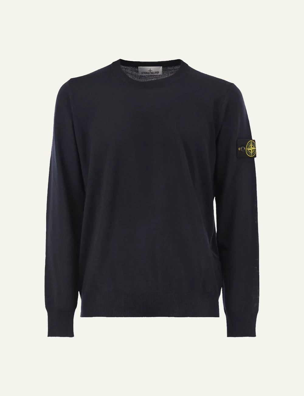 Men's Stone Island dark navy virgin wool crewneck sweater with Compass logo patch