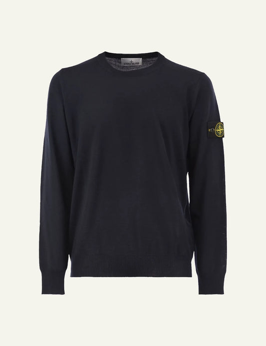 Men's Stone Island dark navy virgin wool crewneck sweater with Compass logo patch