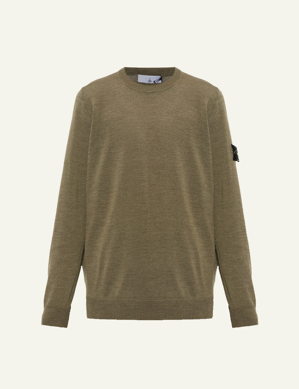 Men's Stone Island green khaki wool crewneck sweater with Compass logo patch