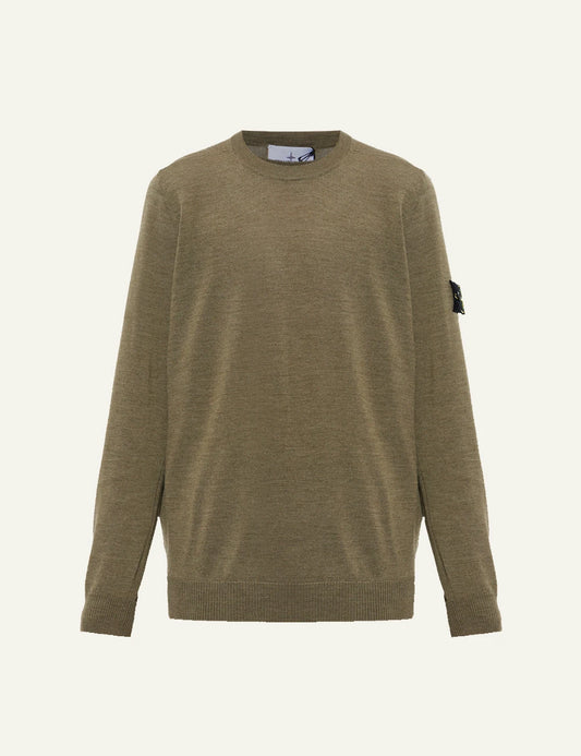 Men's Stone Island green khaki wool crewneck sweater with Compass logo patch