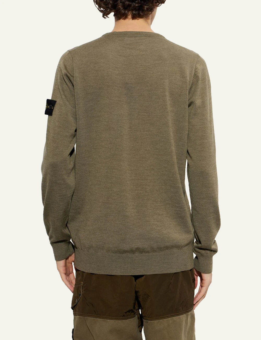 Men's Stone Island green khaki wool crewneck sweater with Compass logo patch back