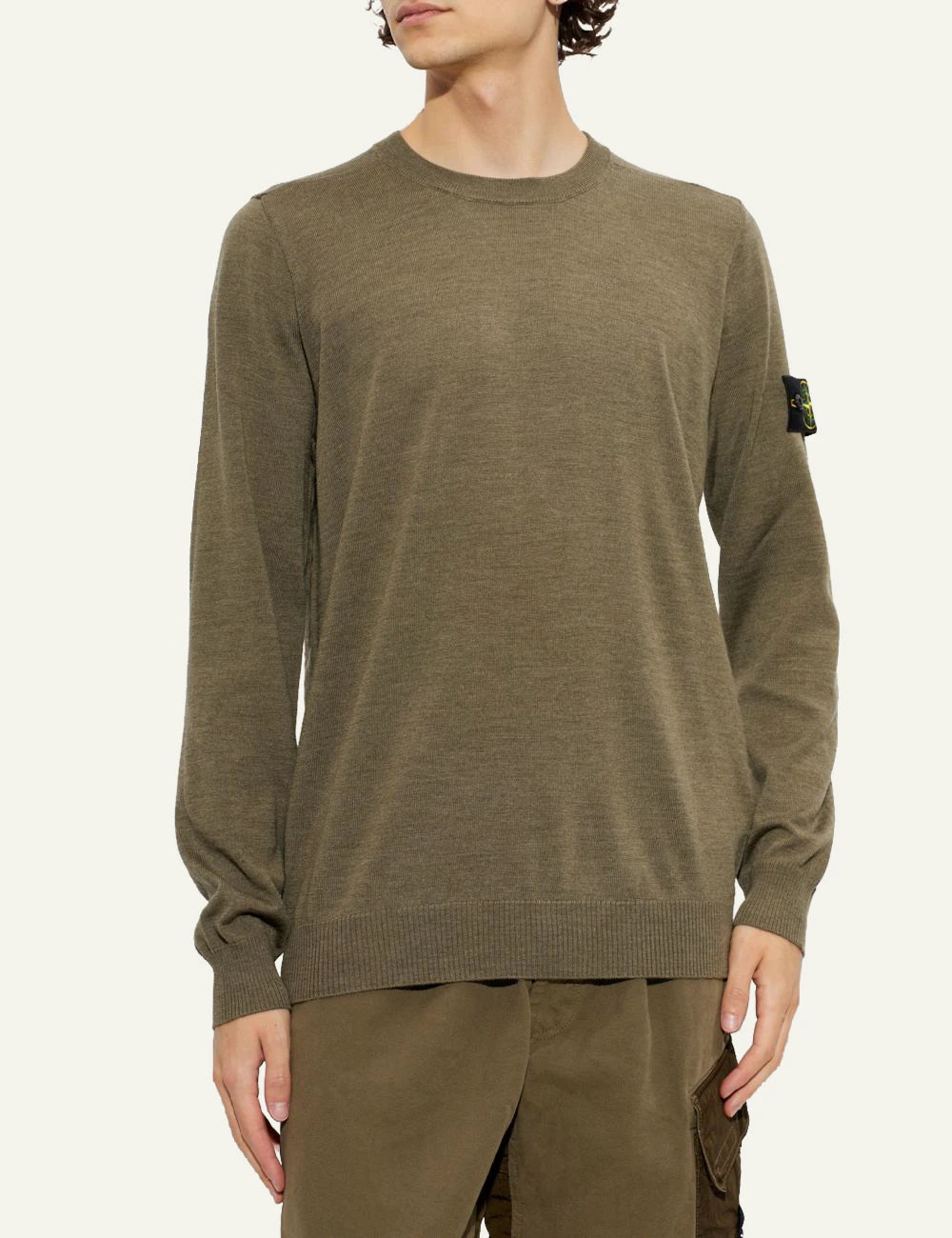 Men's Stone Island green khaki wool crewneck sweater with Compass logo patch full body