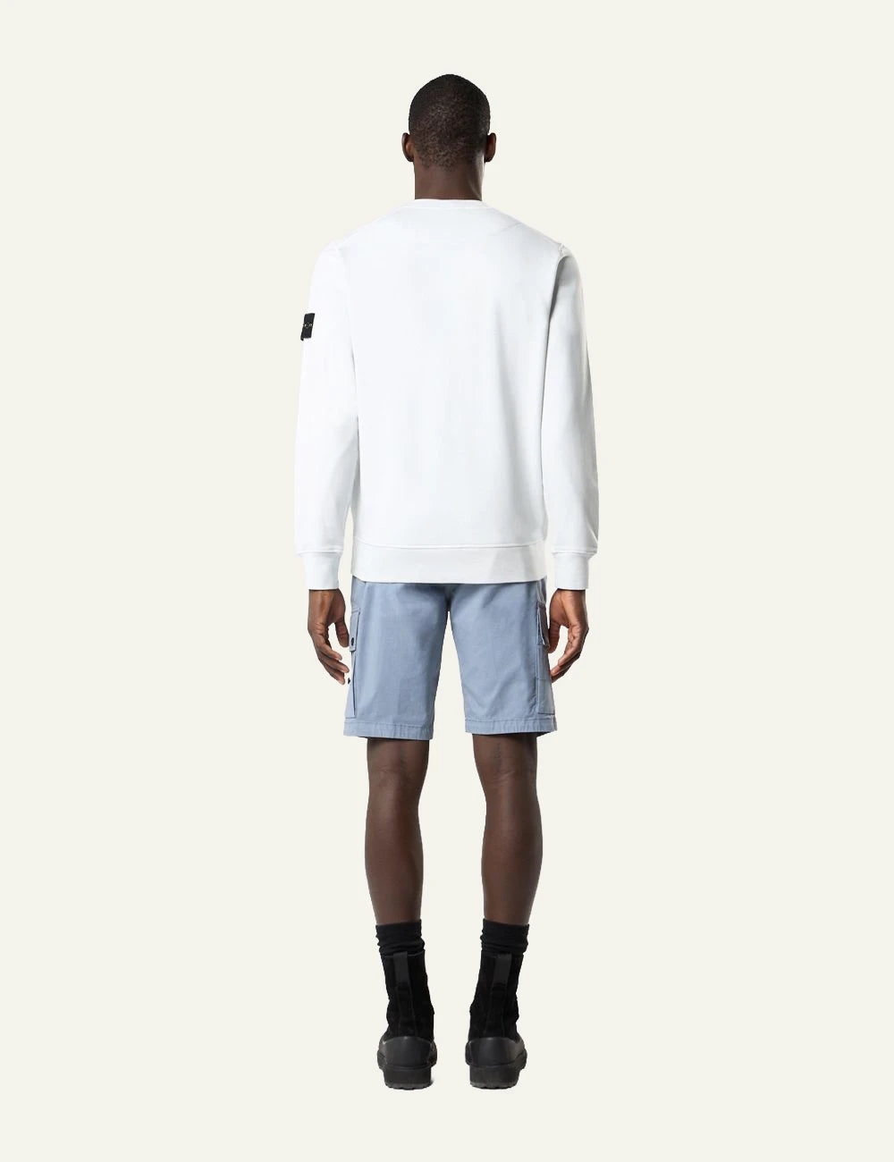 Stone Island organic cotton fleece sweatshirt sky blue with compass badge sleeve back view