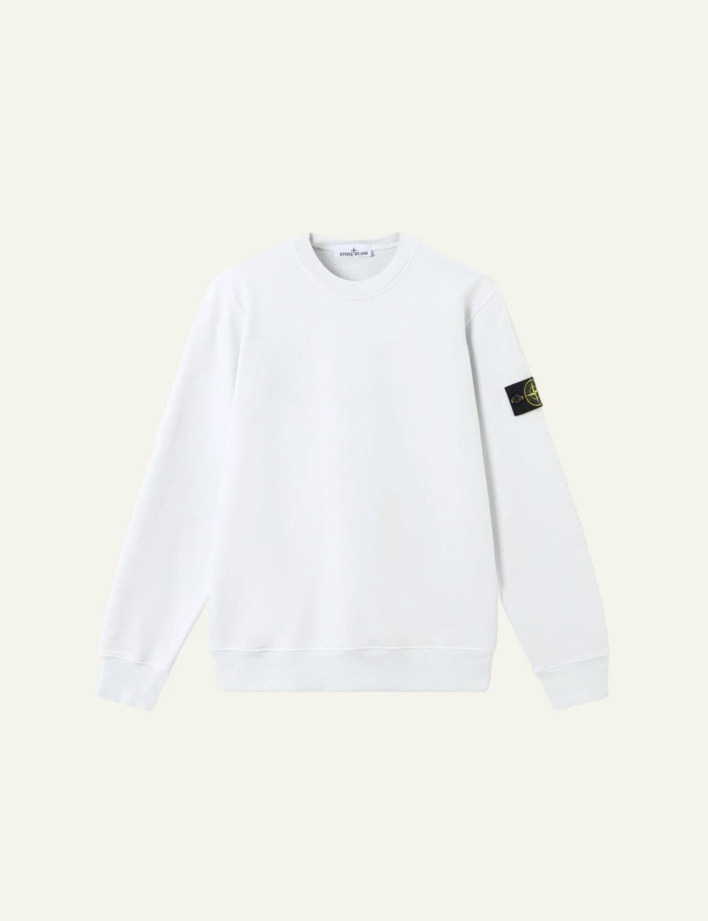 Stone Island organic cotton fleece sweatshirt sky blue with compass badge sleeve front flat view