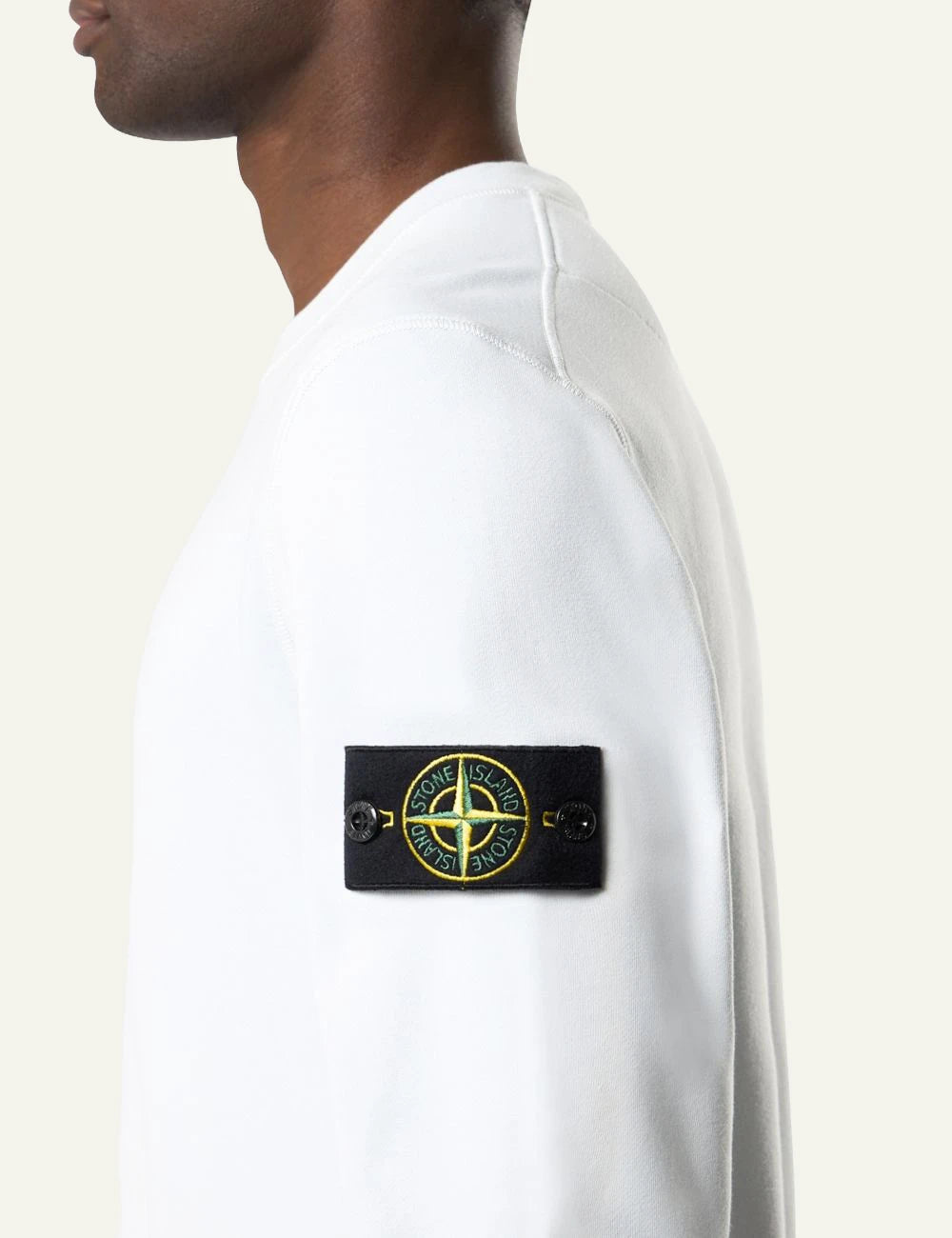 Stone Island organic cotton fleece sweatshirt sky blue with compass badge sleeve side logo view