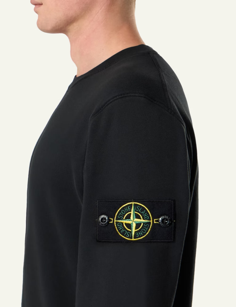 Stone Island organic cotton fleece sweatshirt sky blue front view with compass badge side view