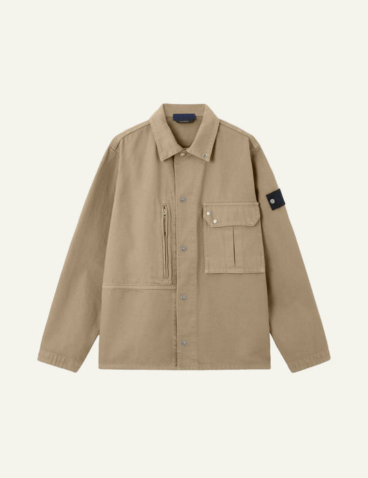 Stone Island overshirt desert lightweight denim twill chest pocket snap collar compass logo sleeve front flat view