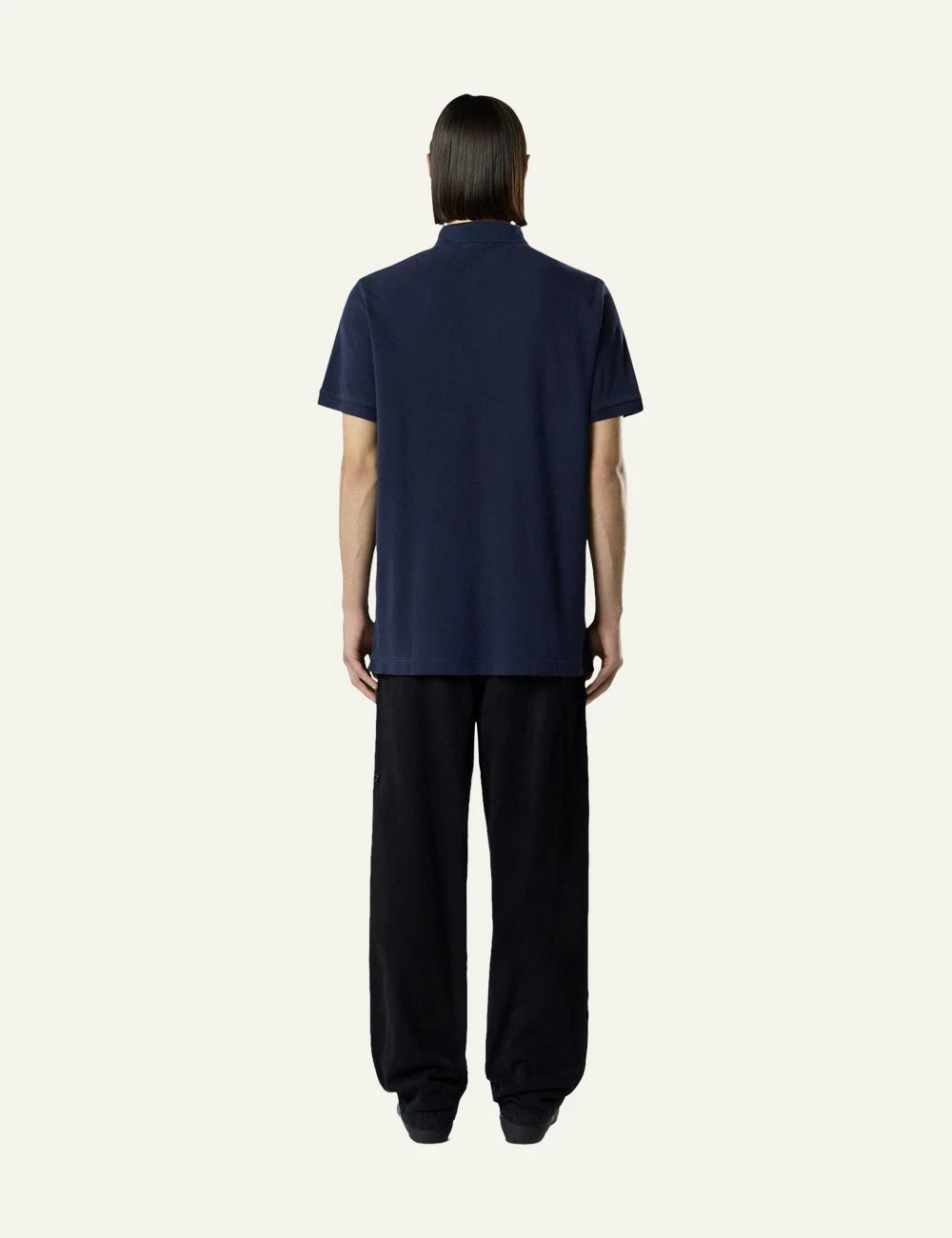 Stone Island polo navy blue cotton pique garment dyed compass logo chest back view