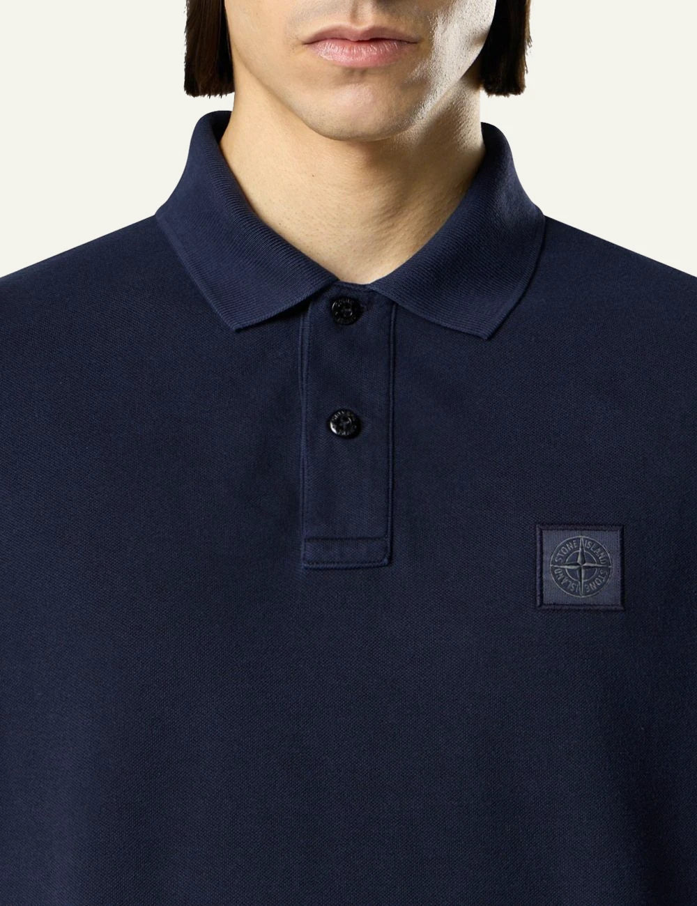 Stone Island polo navy blue cotton pique garment dyed compass logo chest front detail view