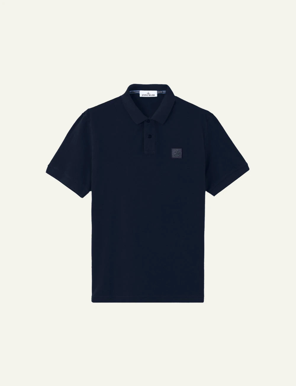 Stone Island polo navy blue cotton pique garment dyed compass logo chest front flat view
