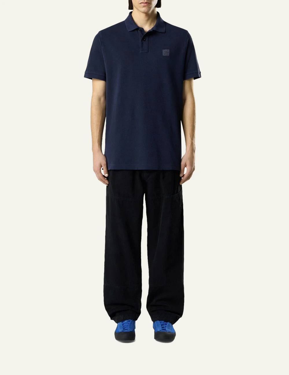 Stone Island polo navy blue cotton pique garment dyed compass logo chest front full body view