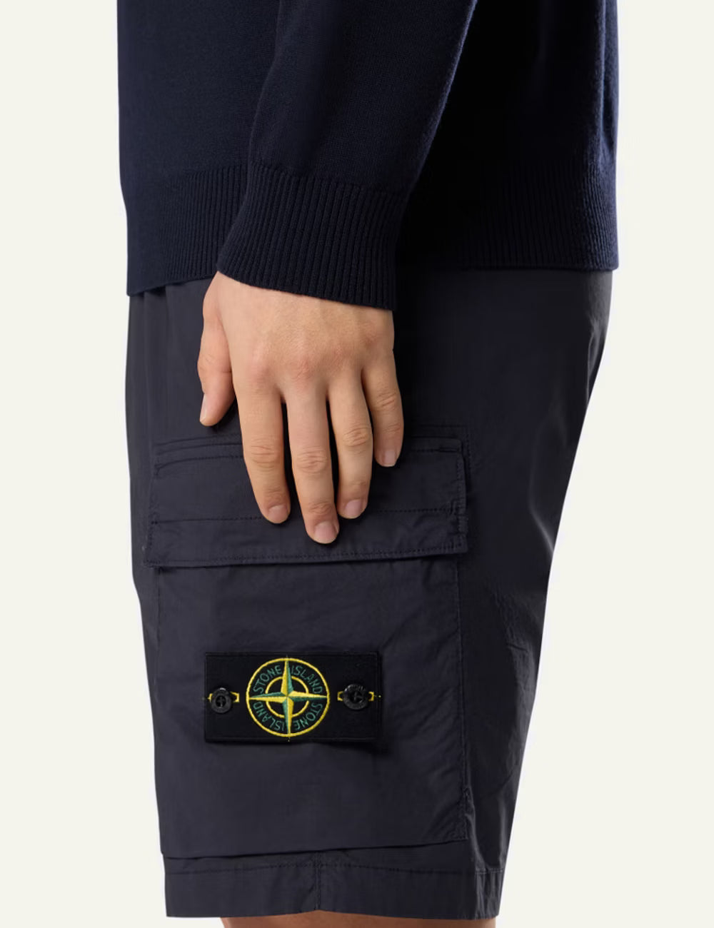 Stone Island stretch cotton tela paracadute cargo pants navy blue with badge side logo view