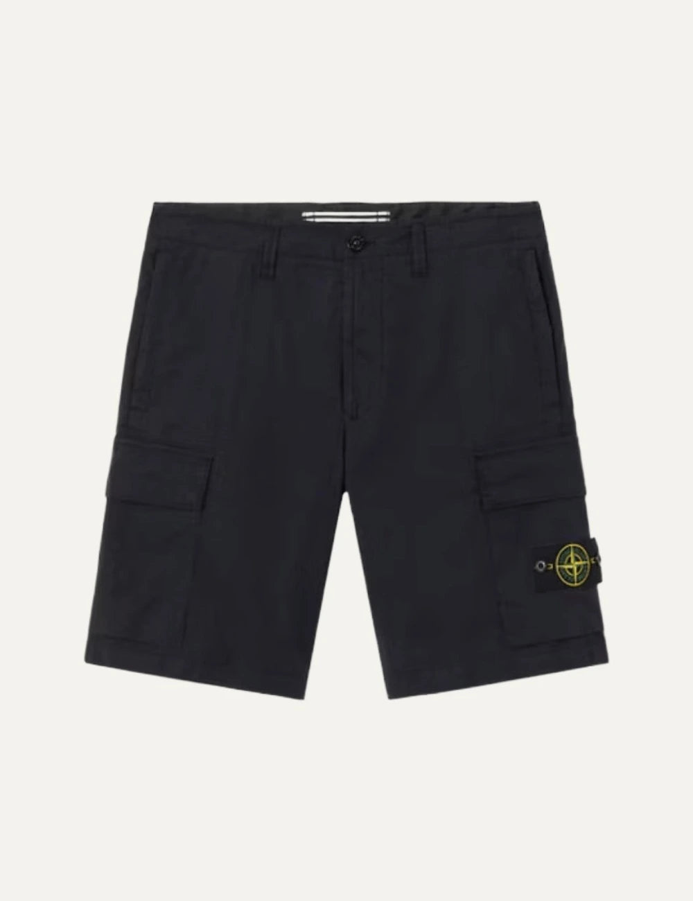 Stone Island stretch cotton tela paracadute cargo pants navy blue with badge front flat view