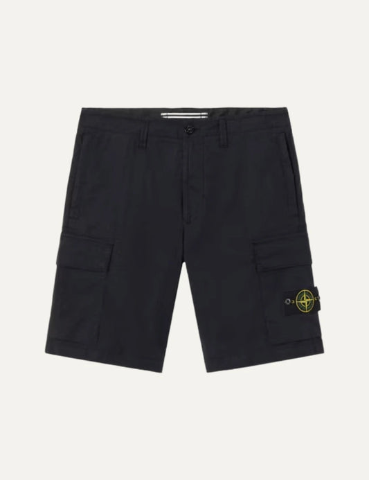 Stone Island stretch cotton tela paracadute cargo pants navy blue with badge front flat view