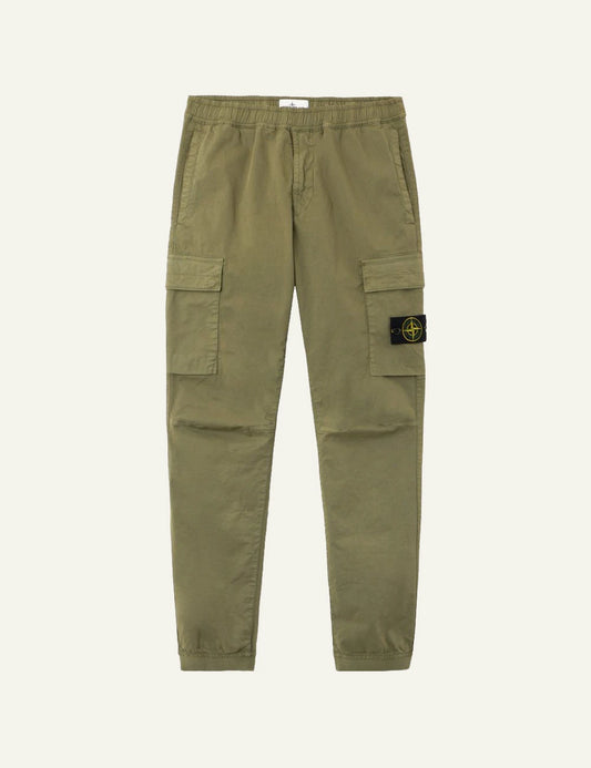 Stone Island stretch organic cotton twill cargo pants military green with badge front flat view