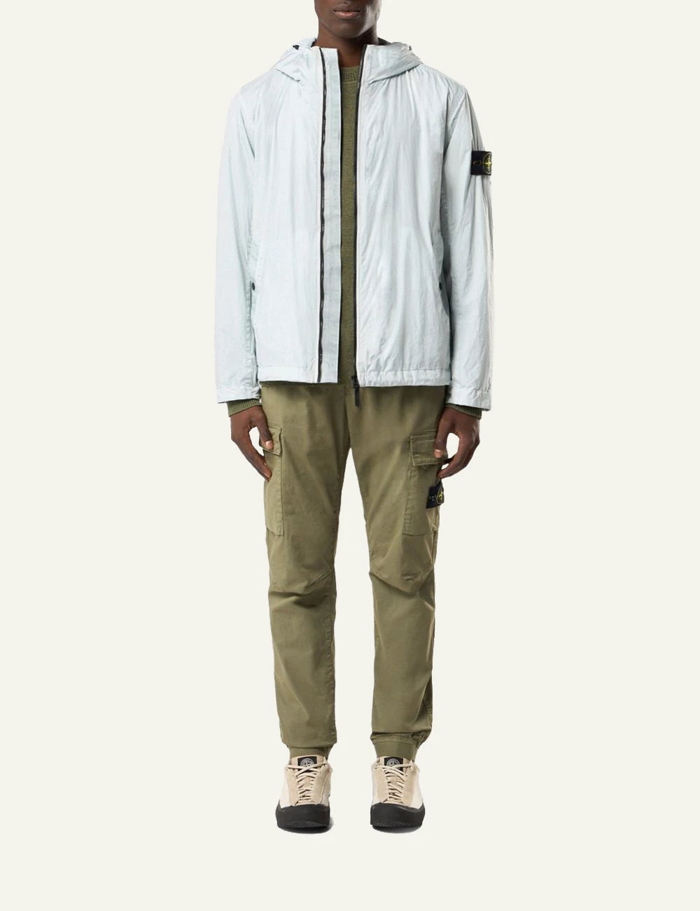 Stone Island stretch organic cotton twill cargo pants military green with badge front full body view