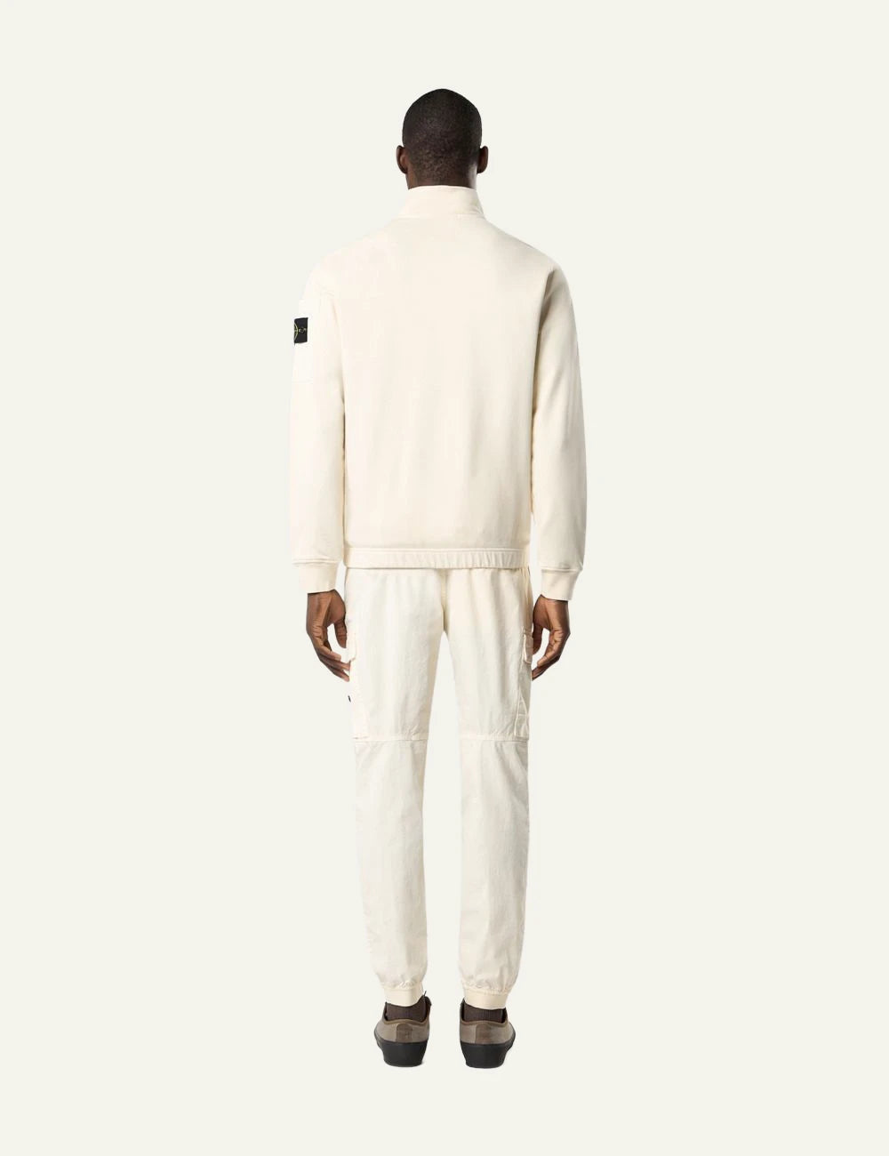 Stone Island track jacket ivory cotton fleece zip front compass logo sleeve detail back view