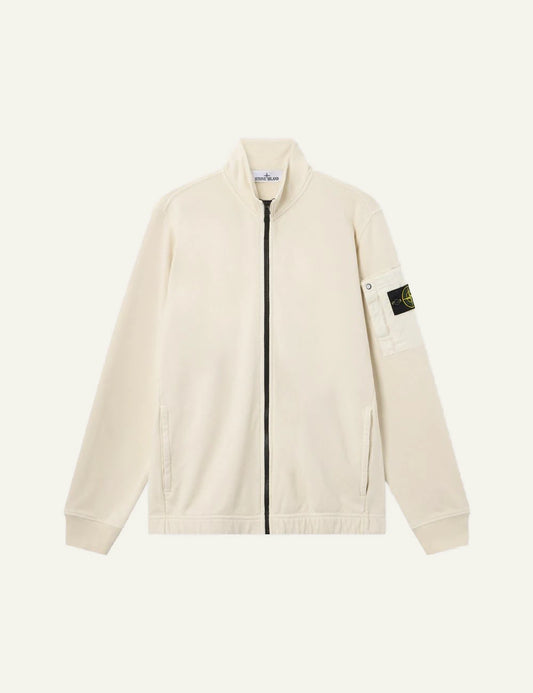 Stone Island track jacket ivory cotton fleece zip front compass logo sleeve detail front flat view