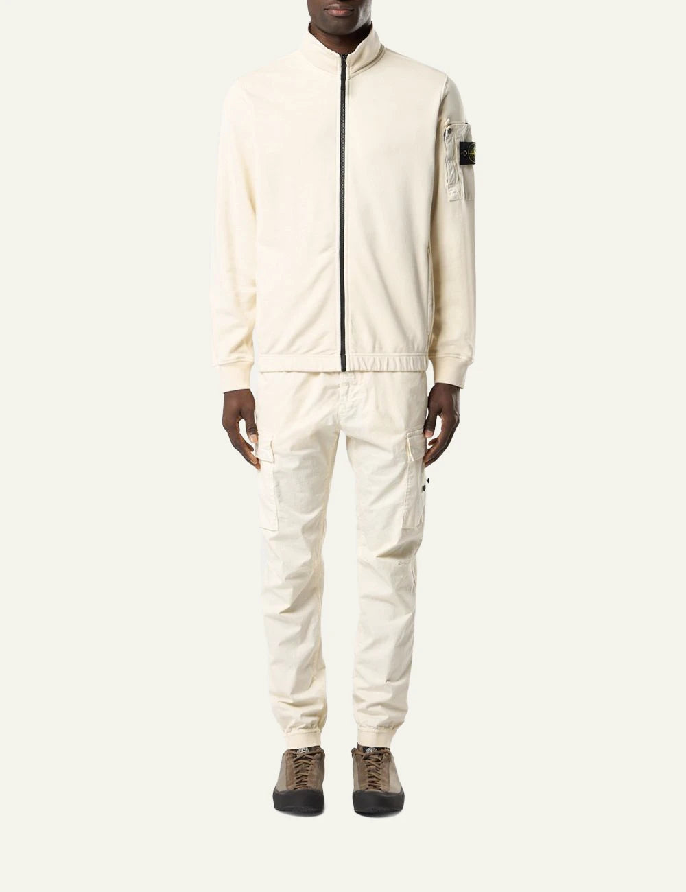 Stone Island track jacket ivory cotton fleece zip front compass logo sleeve detail front full body view