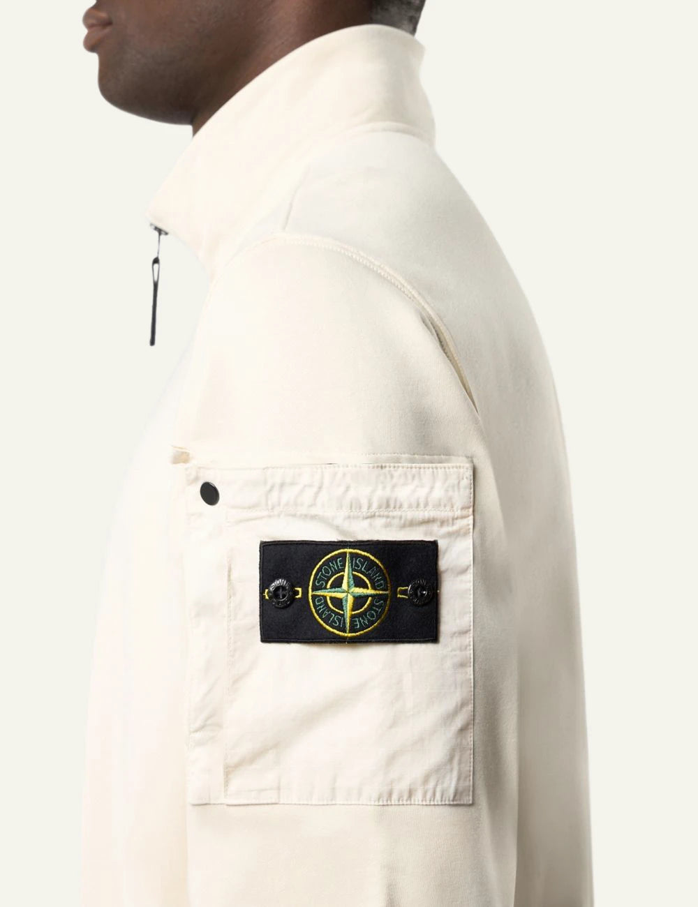 Stone Island track jacket ivory cotton fleece zip front compass logo sleeve detail side logo view