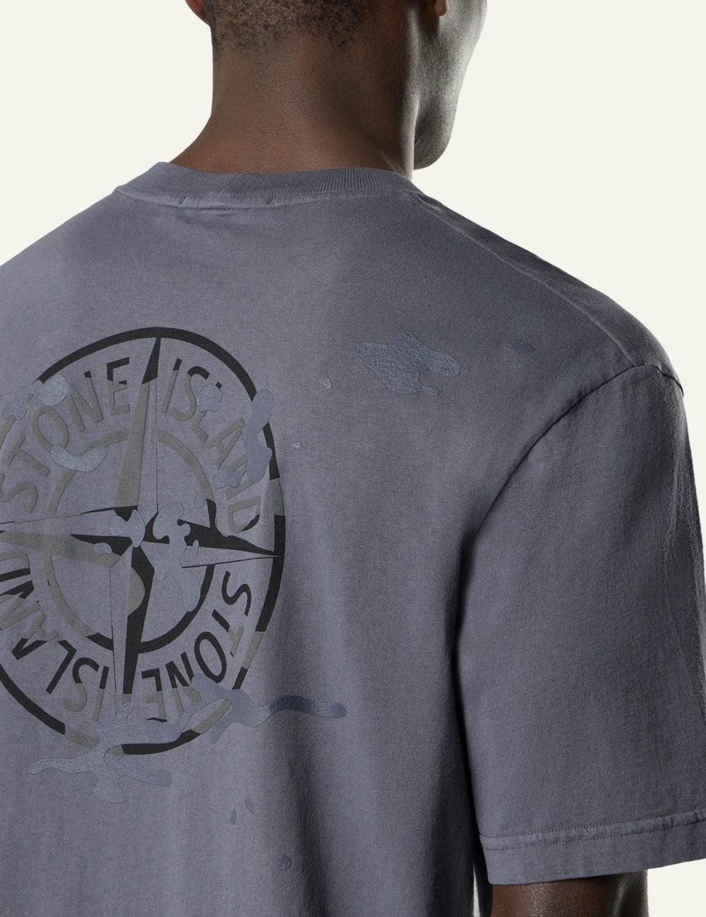 Stone Island t-shirt blue grey organic cotton flocked compass logo chest garment dyed back detail view
