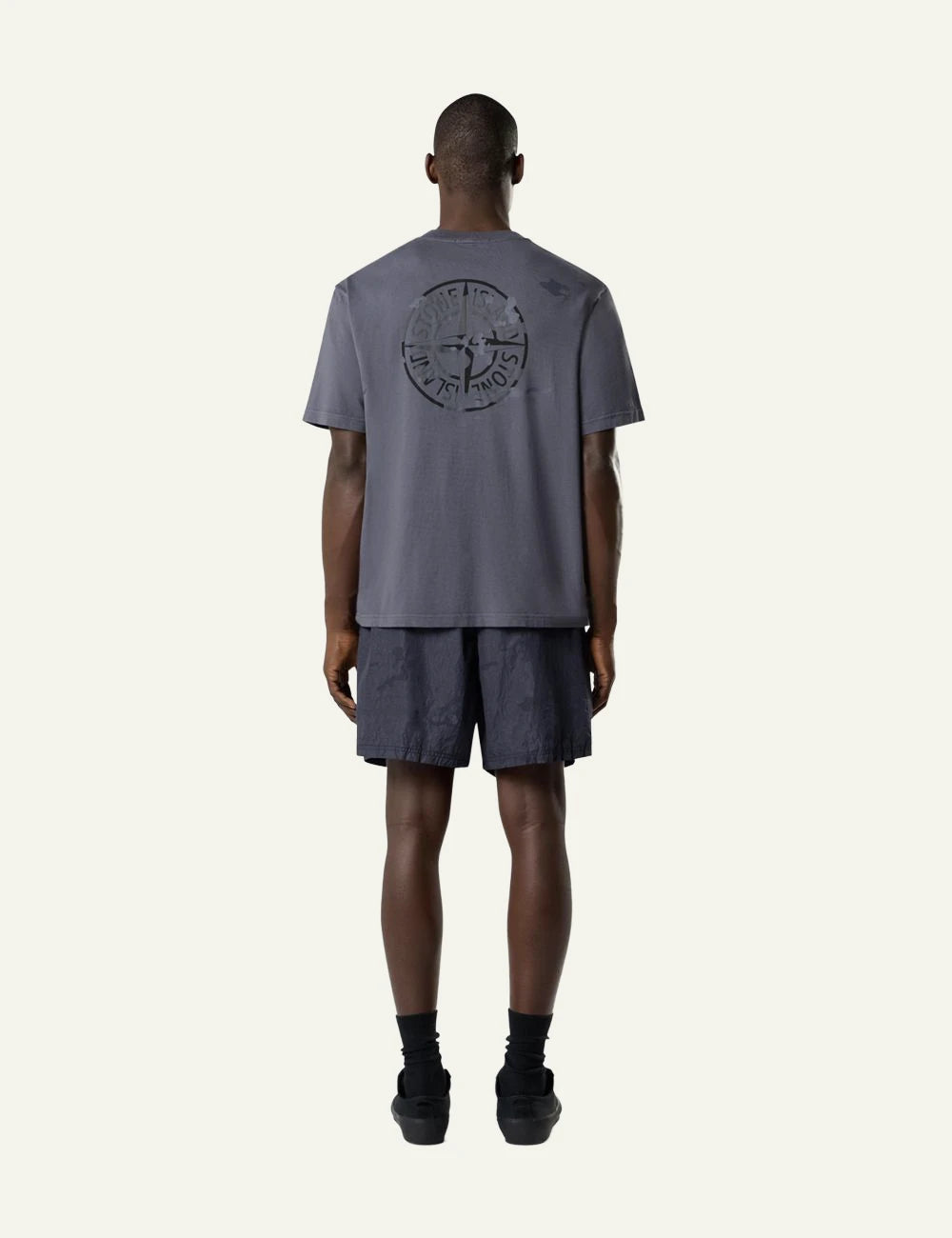 Stone Island t-shirt blue grey organic cotton flocked compass logo chest garment dyed back view